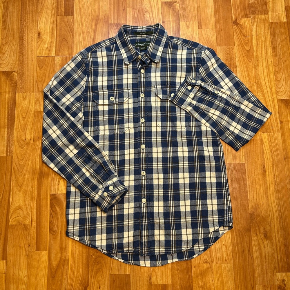 Eddie Bauer Lumberjack Mens Flannel Shirt Medium Blue White Plaid